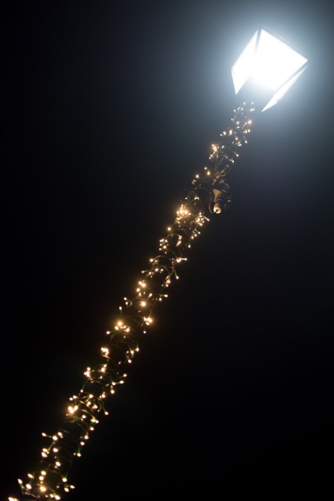 Street lantern with yellow fairy lights strung all around the pole